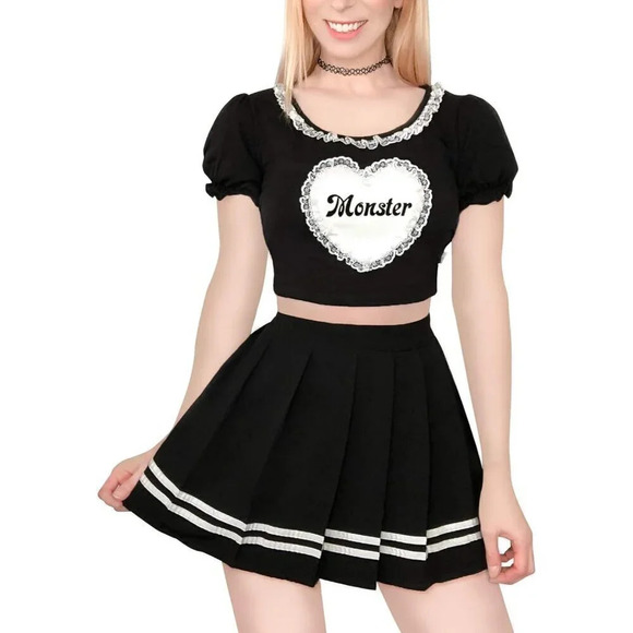 Kawaii Crop Black top Puff Sleeve cotton Scoop  Neck Shirt For Women's - Picture 3 of 8